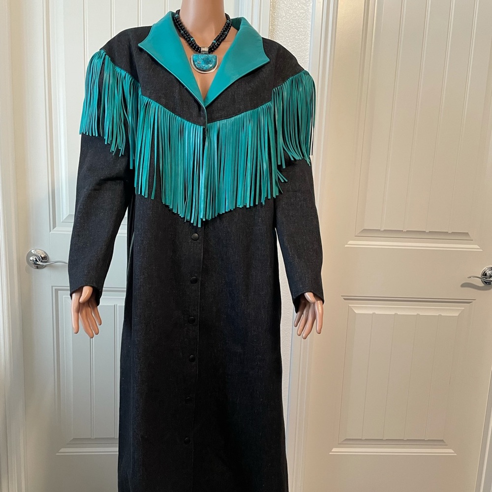 VINTAGE BLACK DENIM W/ GREEN LEATHER FRINGE COAT